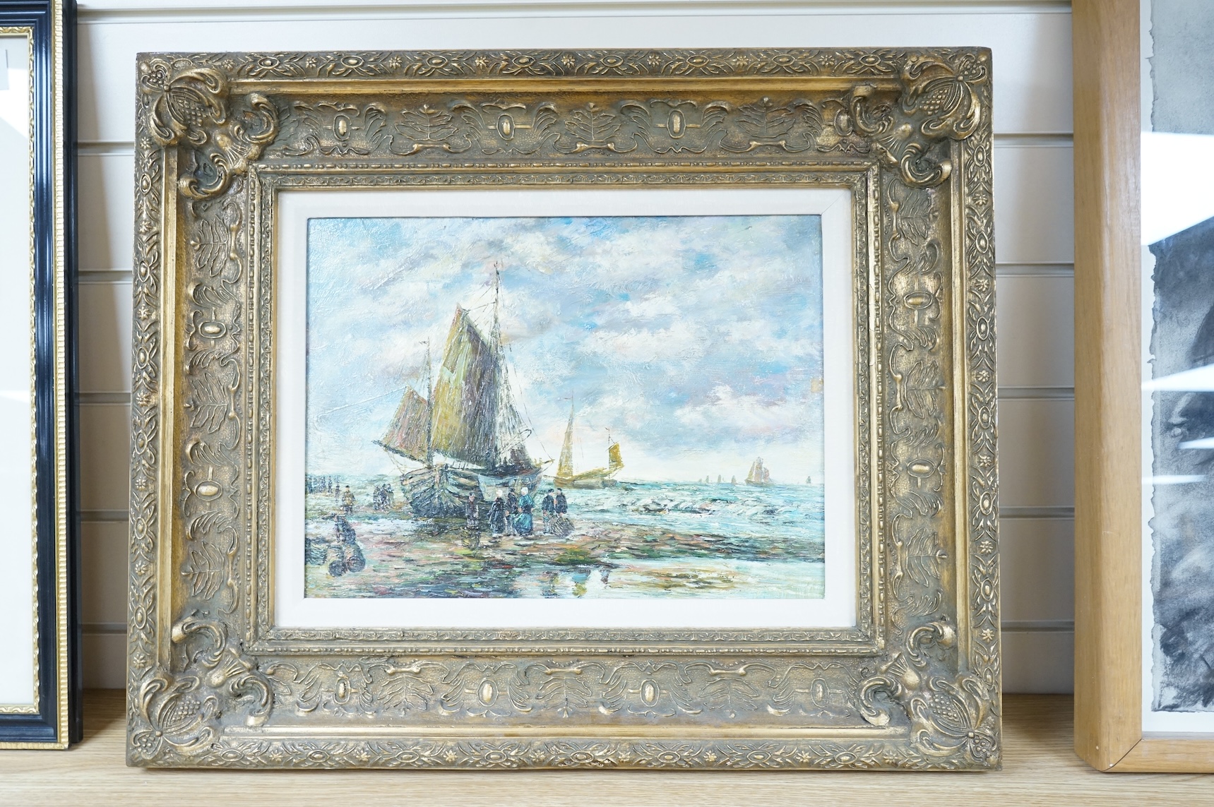 Impressionist style, Moored fishing boats and fishermen, oil on board, 29 x 39cm, ornate gilt frame